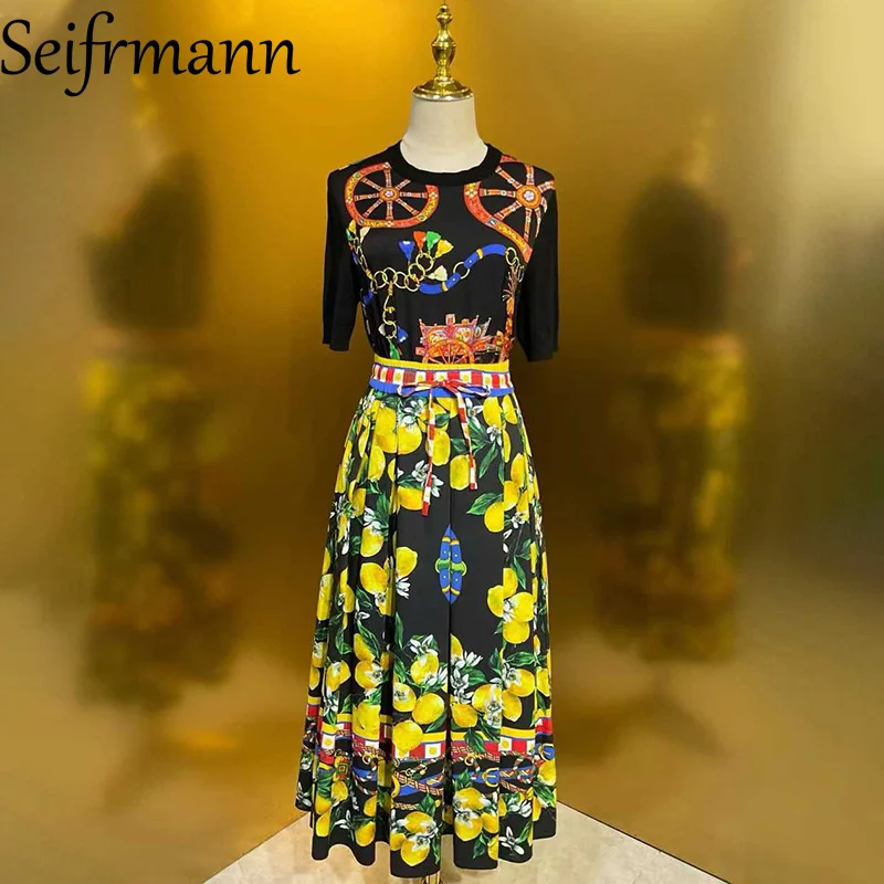

Seifrmann 2026 Spring Women's New Fashion Round Neck Short Sleeve Cotton Printed Top+Half Skirt Two Piece Set