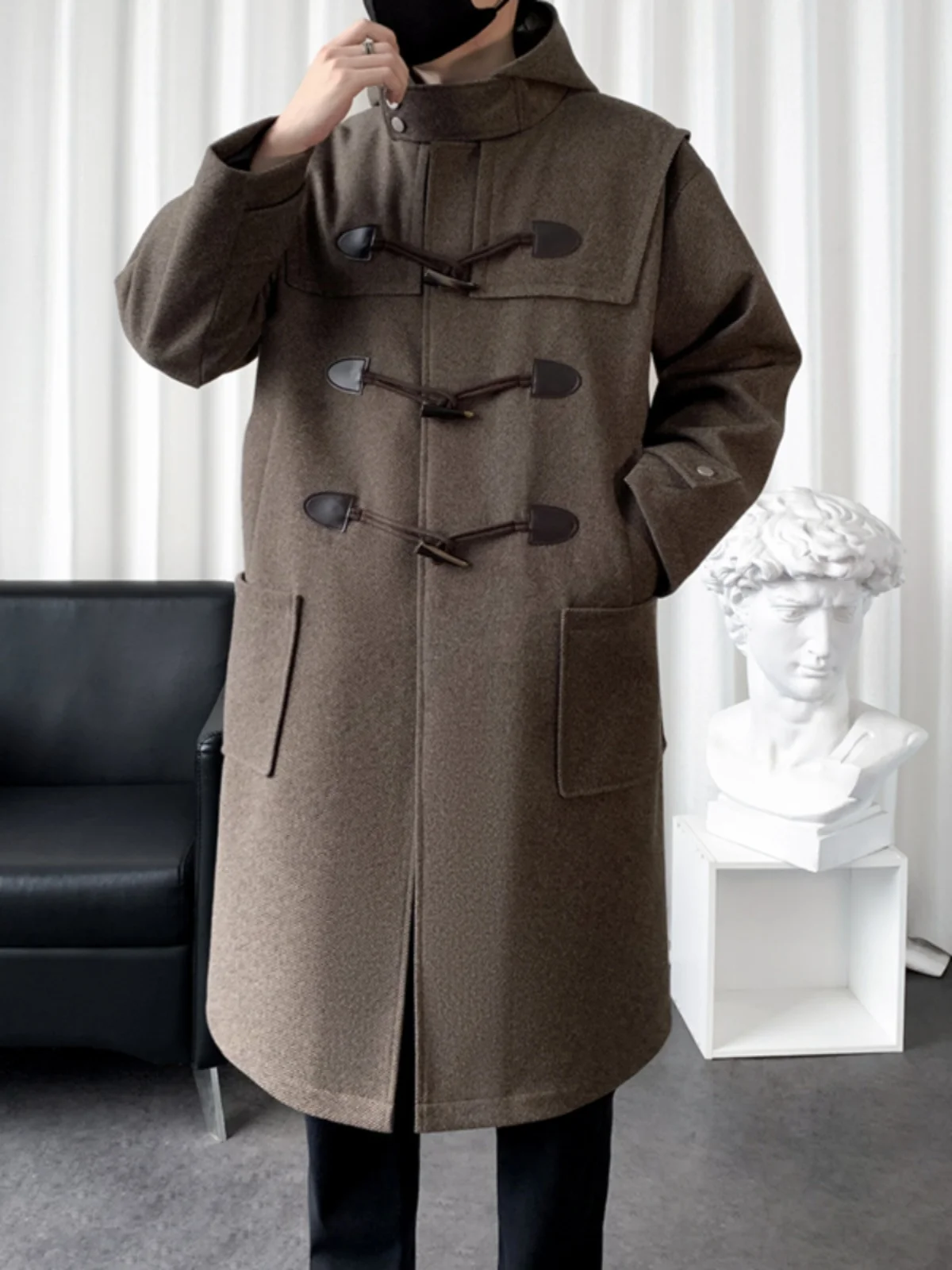 

Men's Woolen Coat 2024 New Sle Casual Faion Long Pants Hooded Scarf High Quali Button Design Spring Autumn Winter Wear