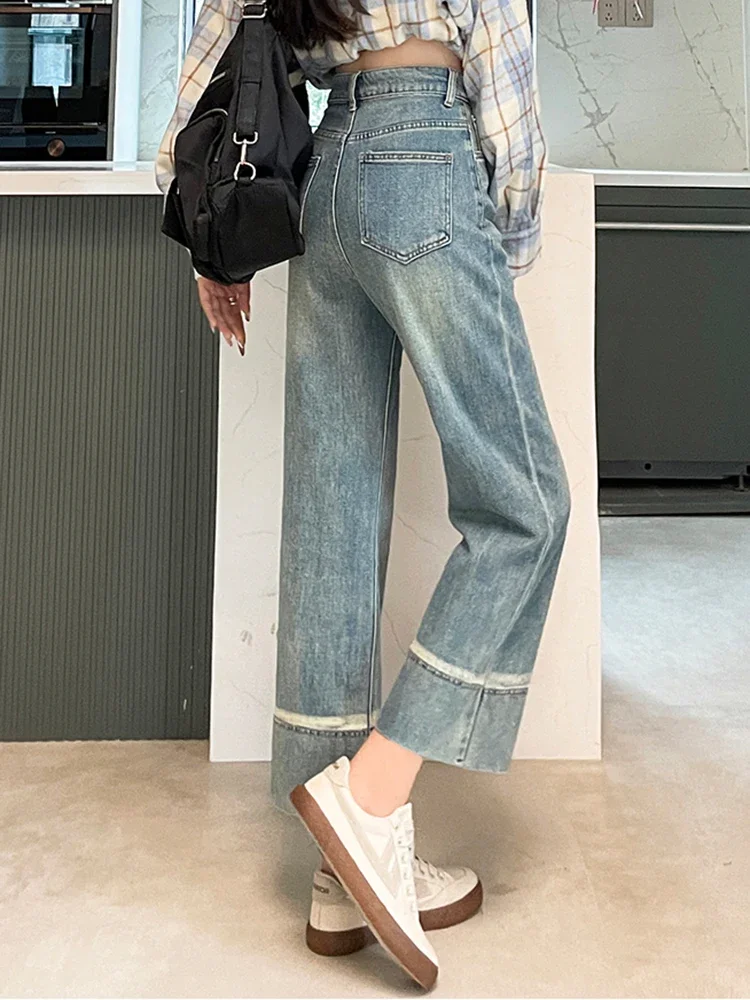 Summer Street Vintage Casual Chicly Elastic Baggy Jeans Women Fashion High Waist Simple Washed Distressed Female Wide Leg Pants