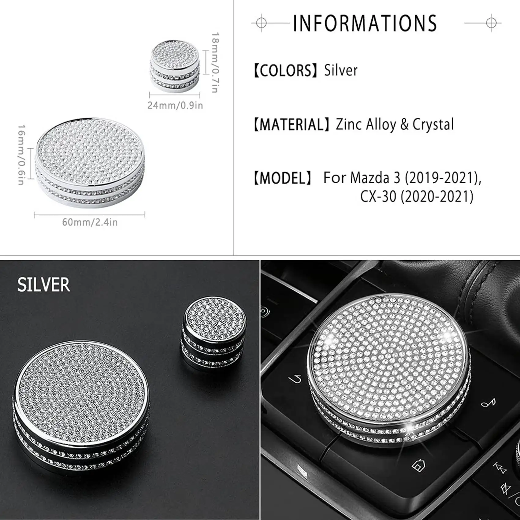 Bling Multimedia Volume Knobs Caps Center Console Button Cover Trim Parts Stickers for Mazda 3 CX-30 2019-2021