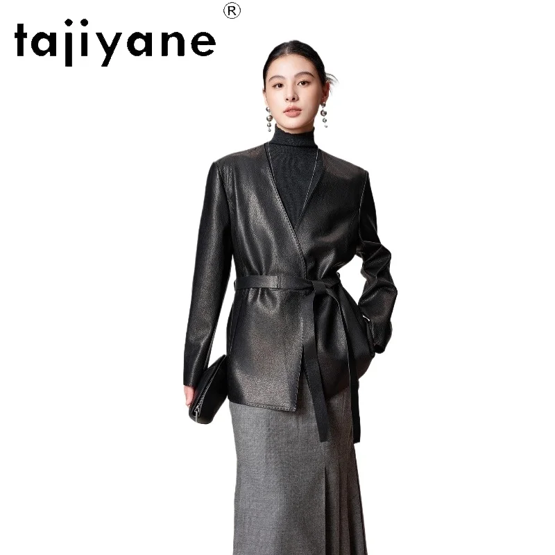 TAJIYANE Deer‑Pattern Goatskin Genuine Leather Jacket Woman Mid‑Length V‑Neck Suit Trench Coat 2026 New Fall Women Clothing 가죽자켓