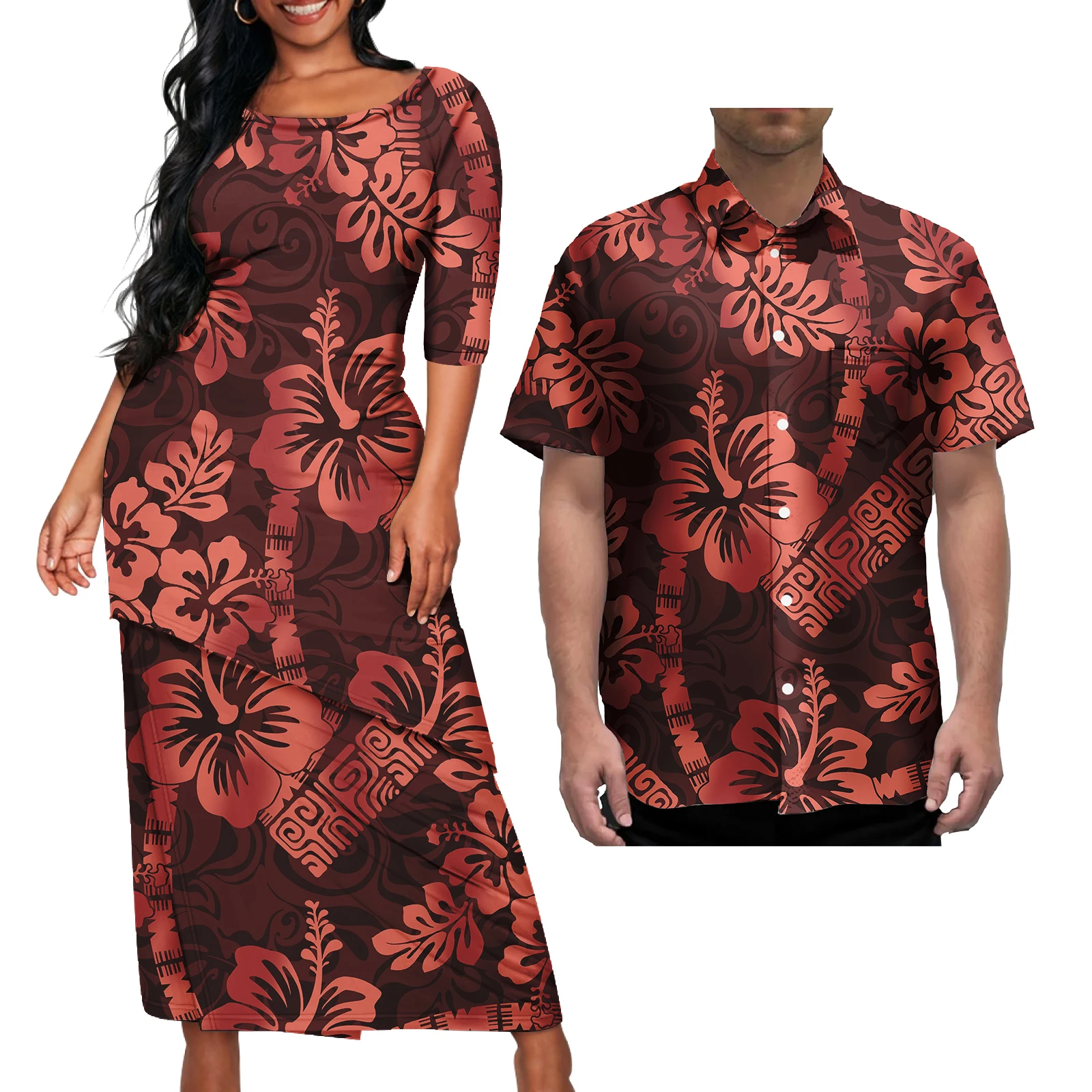 

polynesian couple sets Elei Tribal Women's Top Wrap Hip Skirt samoan puletasi dress Men's Short-Sleeved Shirt