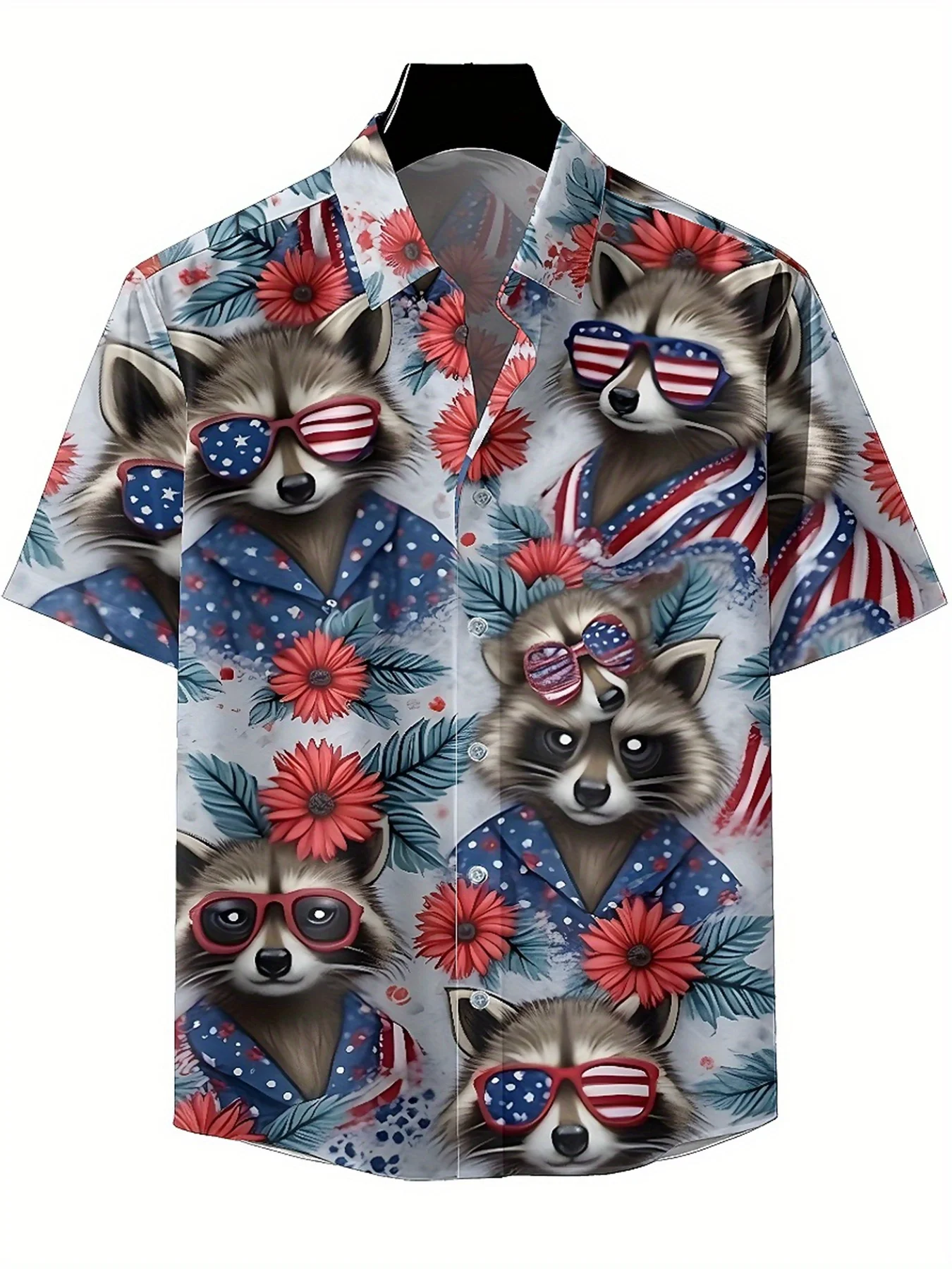 Men's Plus Size Hawaiian Shirts Raccoon Wearing American Flag pattern, Button Up Shirts, Unisex Casual Clothing, Summer Tops