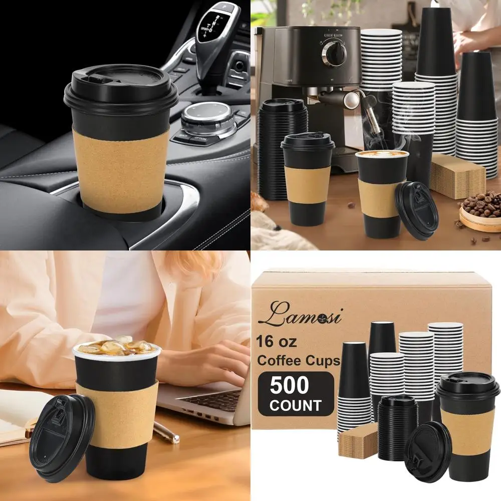 

16 oz Black Disposable Coffee Cups with Lids and Sleeves - Leak-Proof Travel Cups for Home, Office, and Events