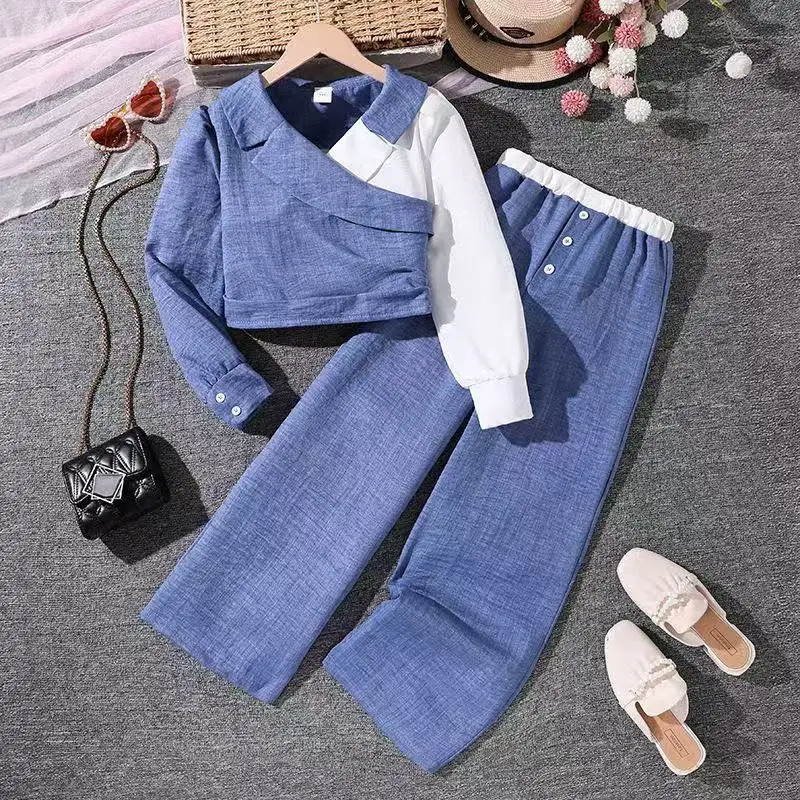 

Fall Winter 2026 New Arrival Big Kids Girls 2Pcs Outfit Color Block Lapel Long Sleeve Shirt + Casual Wide Leg Pants Set
