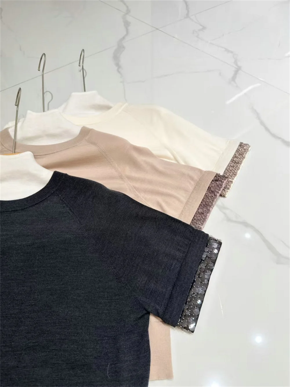 2026 Spring/Summer New Women's Clothing Blended Fabric Glittering Short-Sleeved Pullover Knit Top