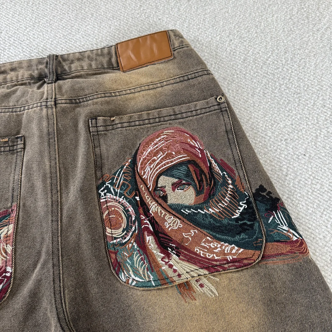Top Version 1:1 DERT Oil Painting Textured Portrait Embroidery Women Men Short Jeans Denim Pants Hiphop Casual Men Denim Shorts