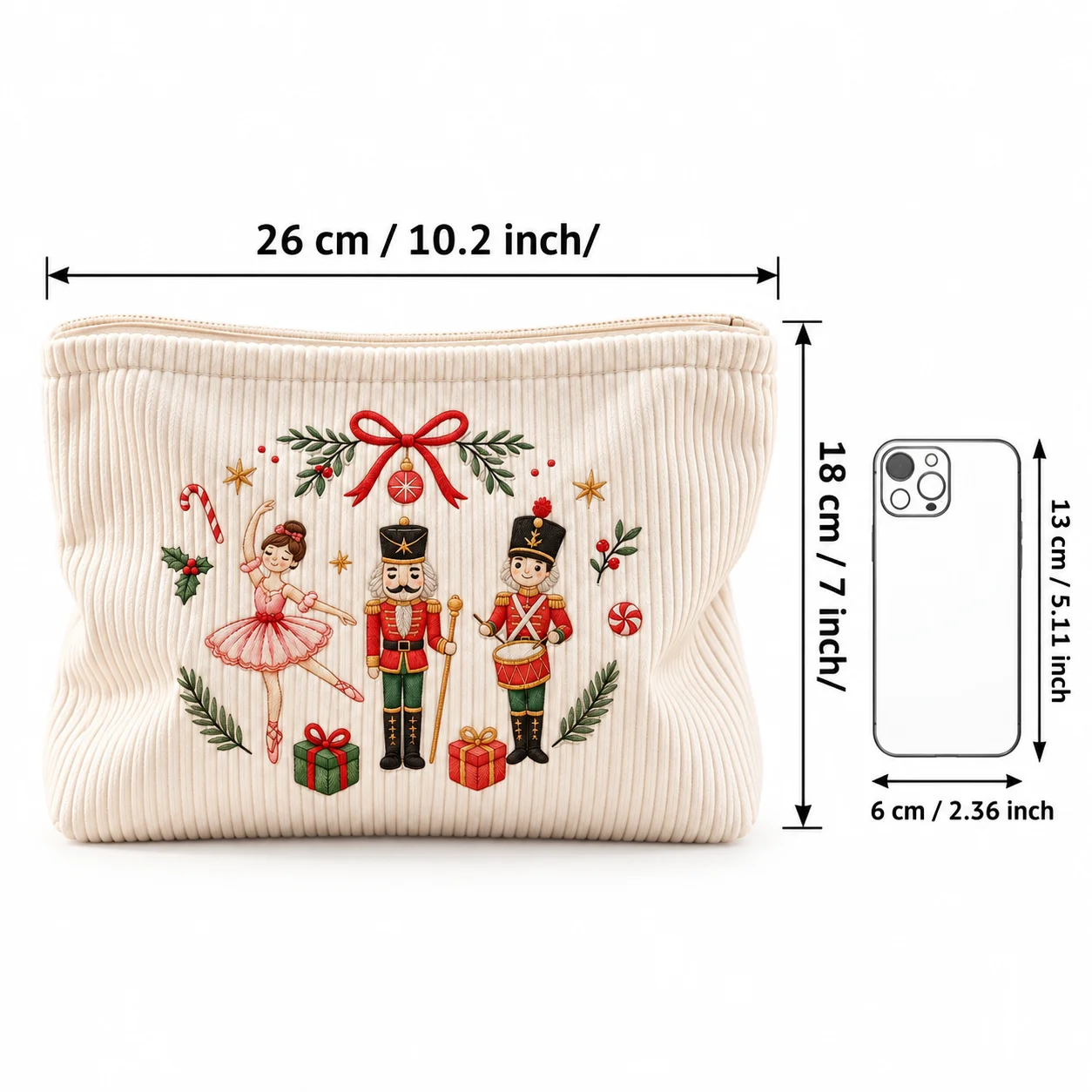 Nutcracker Cosmetic Bag Soft Corduroy Makeup Pouch Ballerina Print Travel Toiletry Organizer Makeup Storage Bag Beauty Case