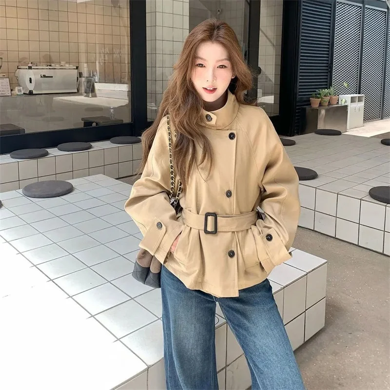 

Autumn Stand Collar Trench Coats For Women Fashion Long Sleeve Belt Double Breasted Jacket Lady High Street Chic Outerwear