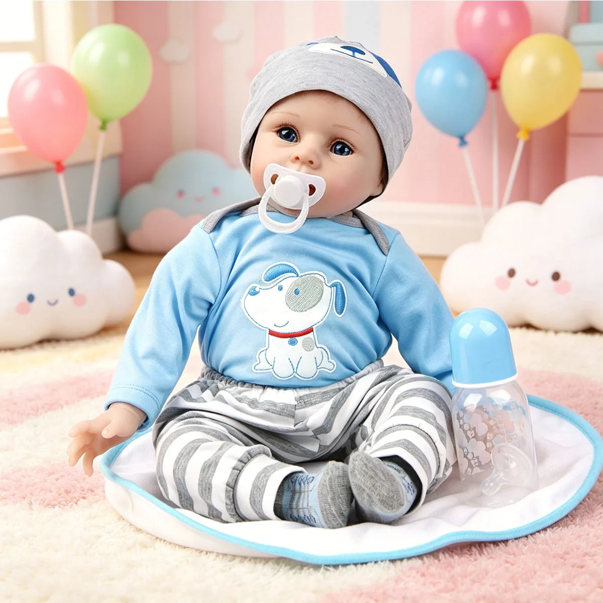 

22 Inch Reborn Baby Doll Boy - Realistic Lifelike Toddler Doll in Blue Puppy Outfit with Bottle, Soft Cloth Body, Handmade Reborn Doll for Kids Age 3+, Birthday Gift