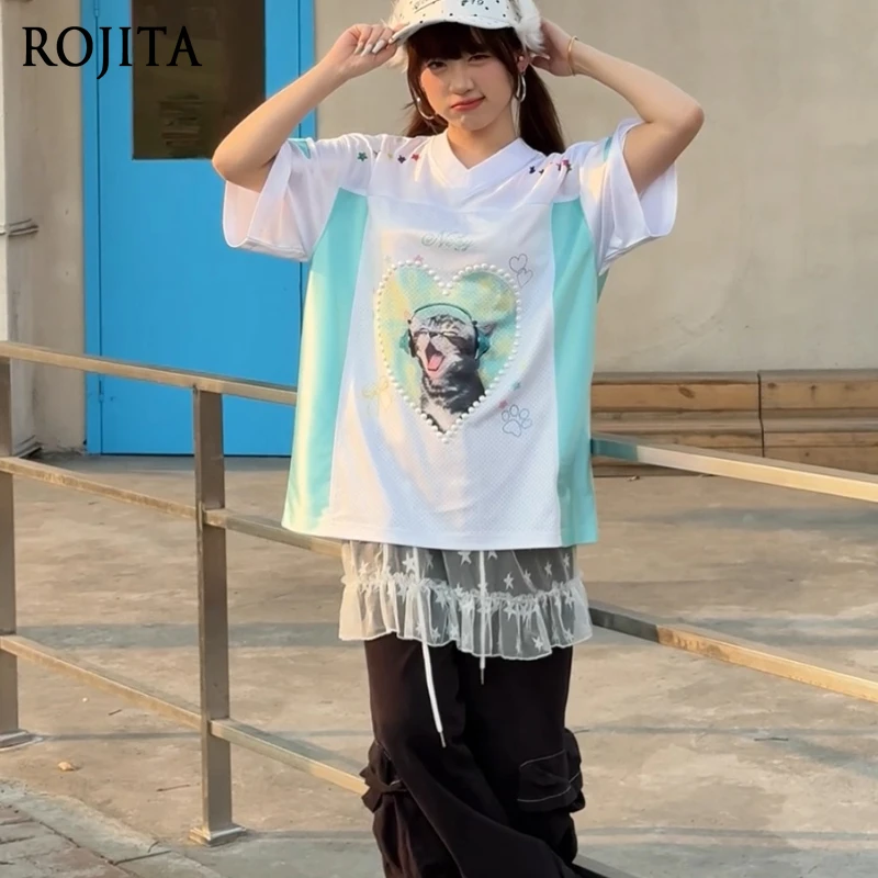 

Cute Cat Print Patchwork V-Neck Short Sleeve T-Shirt for Women Summer Loose Drop Shoulder Sleeve Sports Jersey Tops