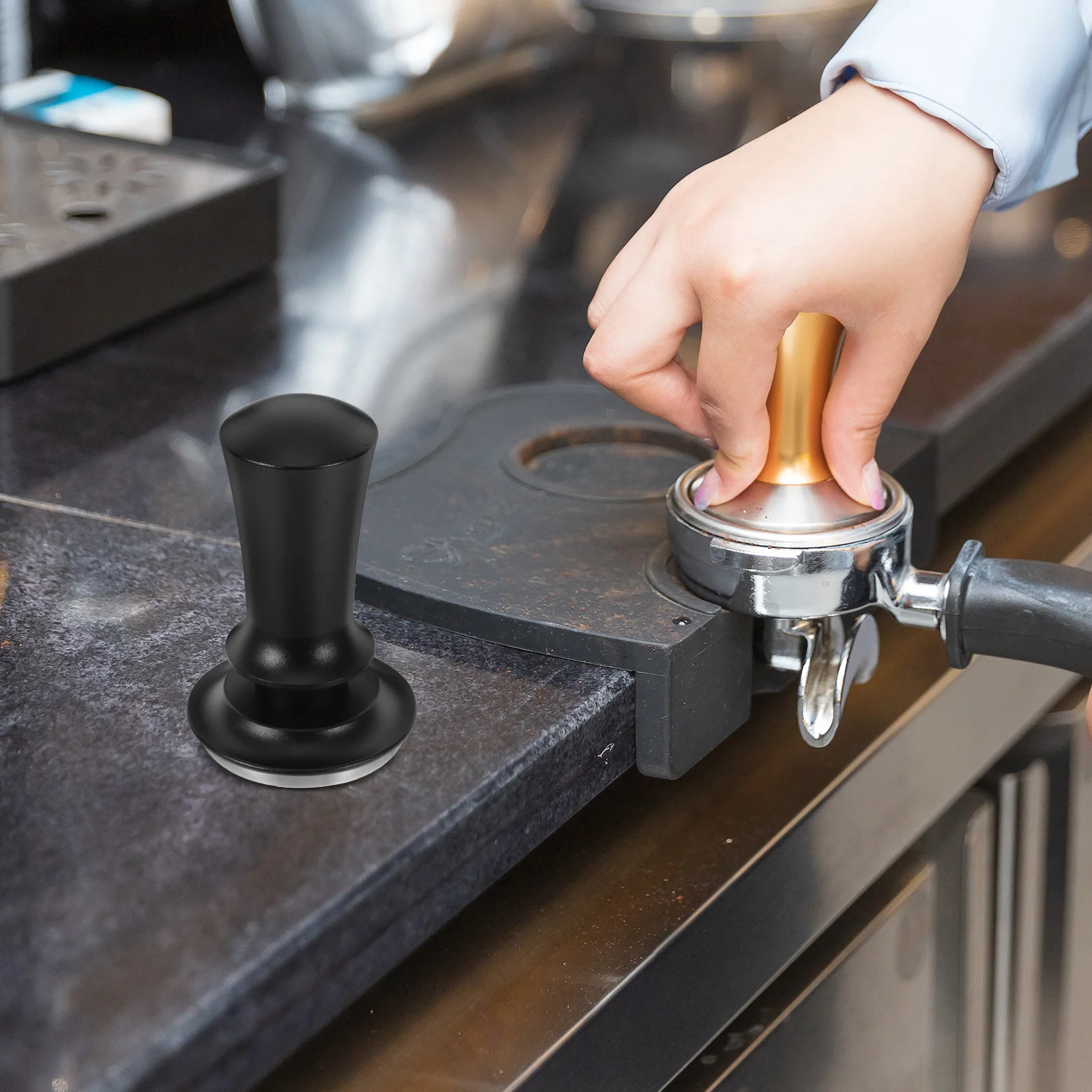 

Spring Loaded Calibrated Coffee Tamper Aluminum Alloy Press Type Distributor Even Ground Distribution Professional Grade