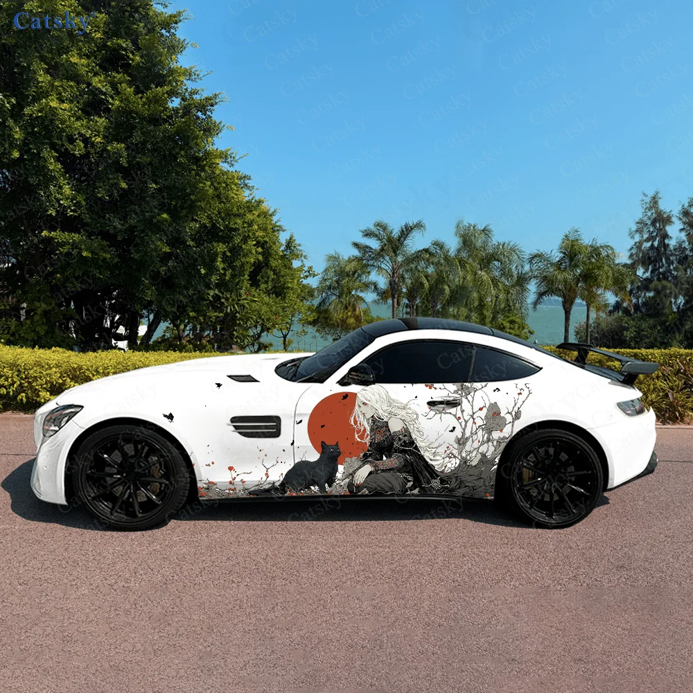 White-haired Woman Black Cat Car Vinyl Wraps Decal Self-adhesive PVC Sticker Suitable for Trucks SUV Decor Auto Accessories Gift