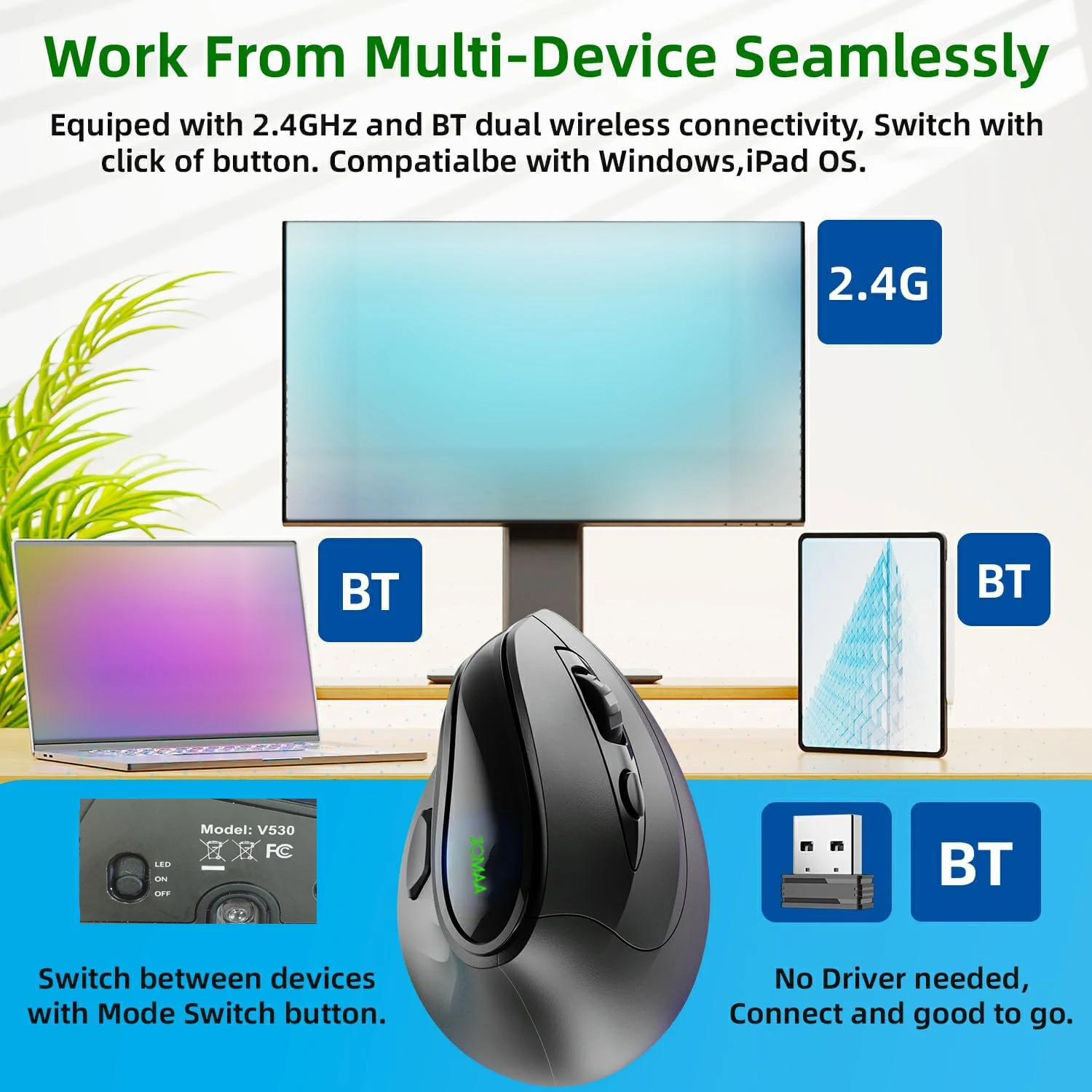 Ergonomic Bluetooth&2.4G Wireless Vertical Mouse with LED Backlit,Rechargeable 4000DPI Optical Mice for PC/Laptop/Desktop-Black