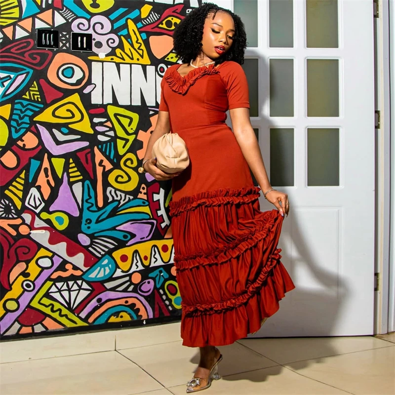 Boho Ruffle 롱 드레스 여성 가을 ​​솔리드 컬러 케이크 계층화 된 맥시 드레스 캐주얼 우아한 빈티지 스타일 가볍고 편안한