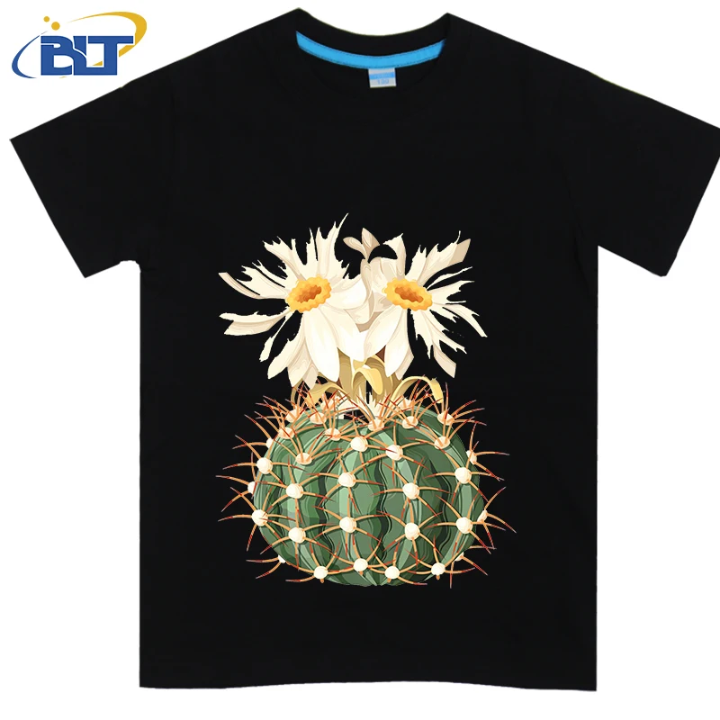 Aquarel Cactus Bloemen Bedrukt Kinder T-Shirt, Zomer Katoenen Casual Top Met Korte Mouwen, Geschikt Voor Zowel Jongens Als Meisjes