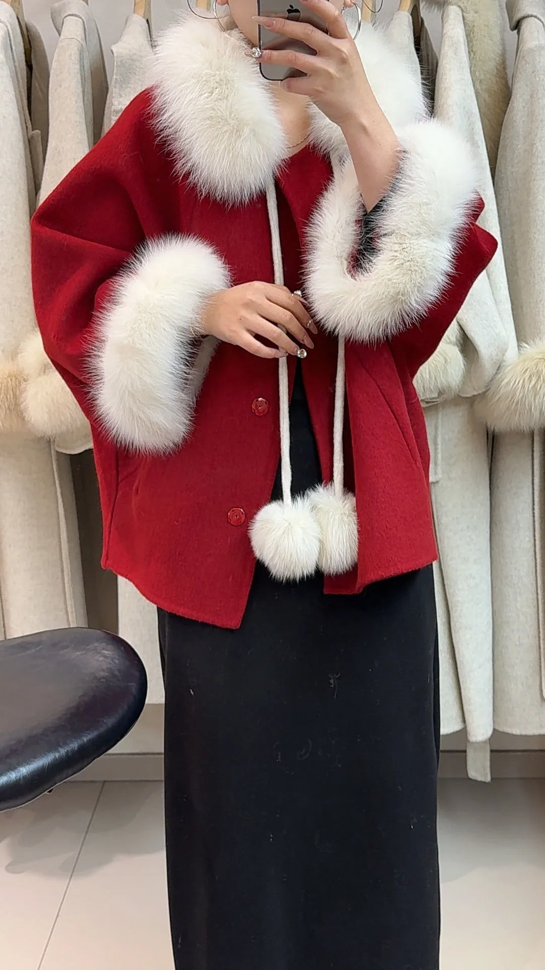 OFTBUY Women's Short Wool Coat Real Fox Fur Collar Cuffs Pom Pom Drawstring Woolen Clothing New Winter Warm Elegant Outerwear