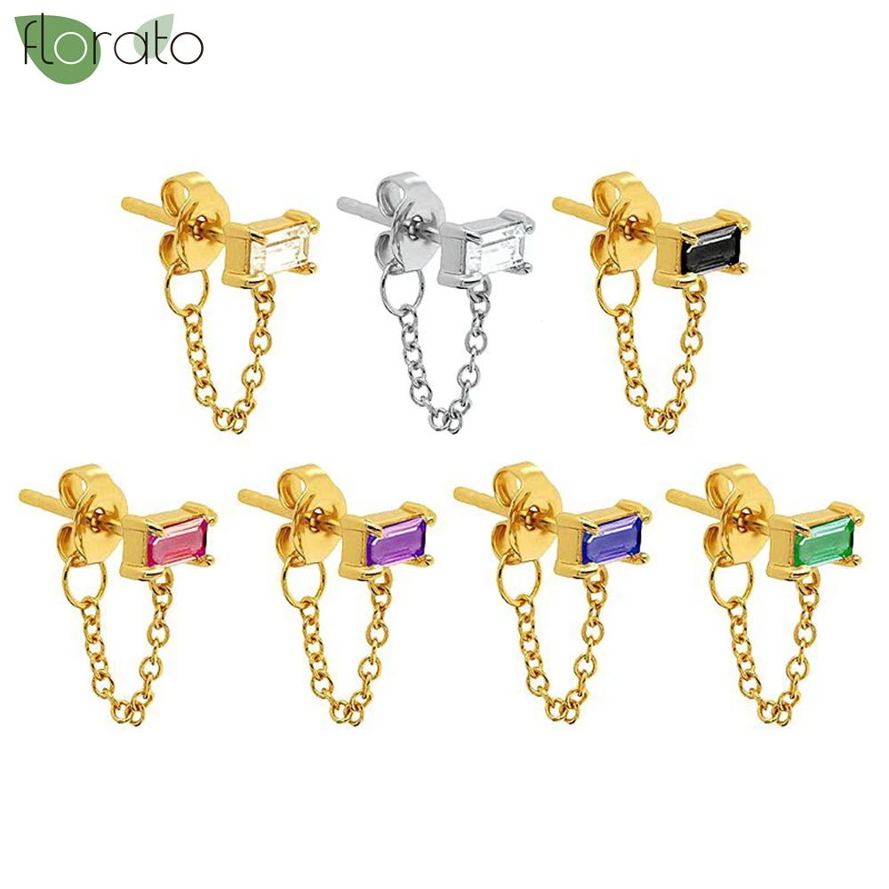 925 Sterling Silver Needle Multicolor Zircon Earrings for Women's Fashion Metal Chain Stud Earrings Trend Puncture Jewelry Gift