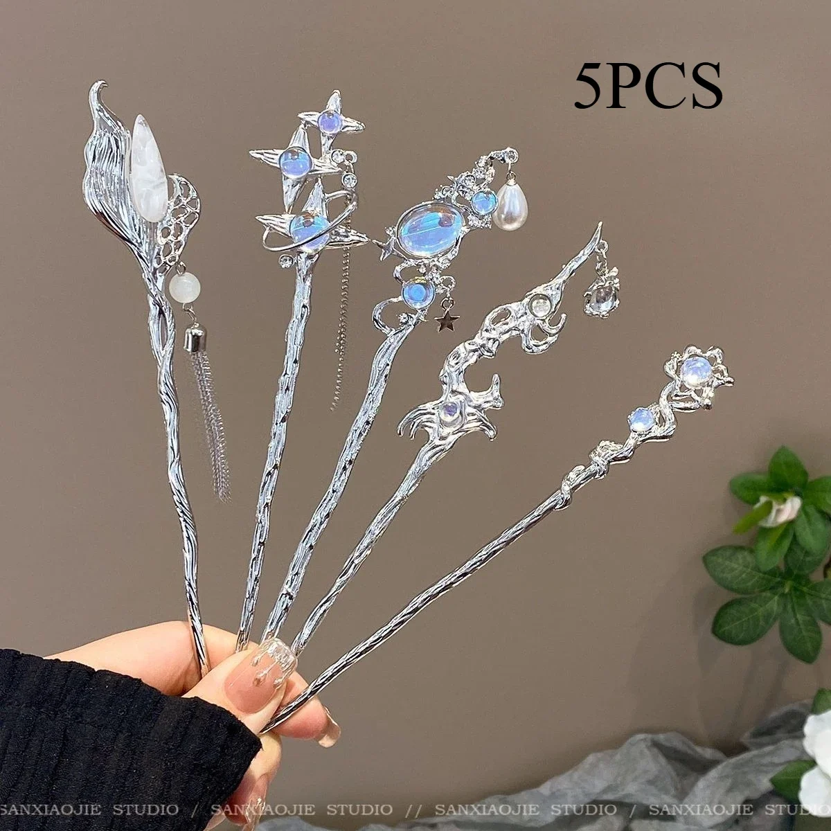 3/5/6/PCS Horquillas de Pelo Modernas Chinas Nuevas para Mujer, con Borlas y Piedras de Luna Efecto Cielo Estrellado, Estilo Antiguo y Sofisticado