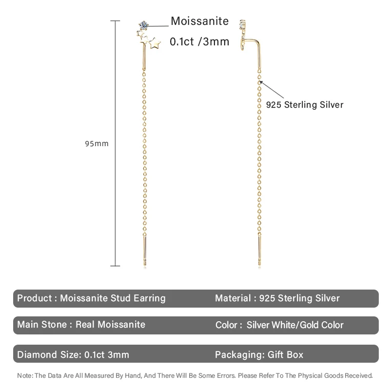 S925 스털링 실버 귀걸이, 모이사나이트 스타 스터드 귀걸이, 긴 술 이어라인, 트렌디한 고급 주얼리, 생일 선물