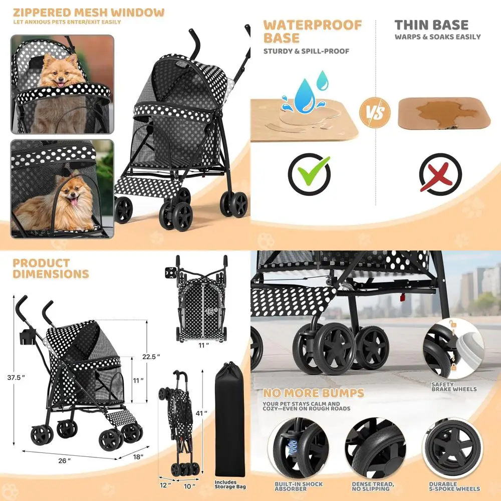 

Легкая 4-колесная коляска для домашних животных (для собак и кошек до 10 кг), дизайн «зонт» с сеткой, держателем для стакана и отсеком для хранения, черная с полками.