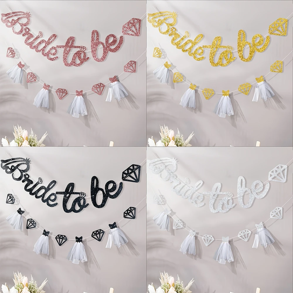 1set Glitter Bride To Be Banner with Tulle Dress Diamond Cutouts Paper Banner for Bridal Shower Bachelorette Party Wedding Decor