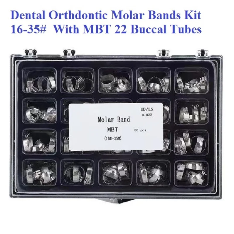 Bandas molares de acero inoxidable para ortodoncia, Kit de bandas molares dentales de 80 piezas, 1er Molar 16-35 # con tubos bucales de acero