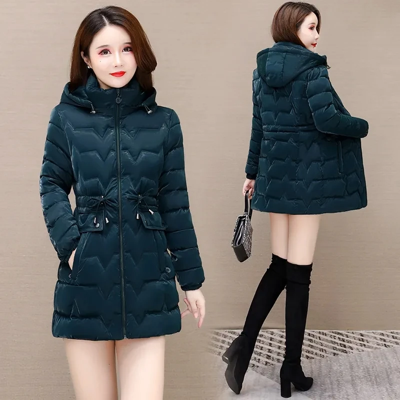 Pearlescent Glossy Disposable Cotton-padded Coat 2023New Long Slim Mother Hooded Padded Warm Down Cotton-padded Jacket Coat Lady