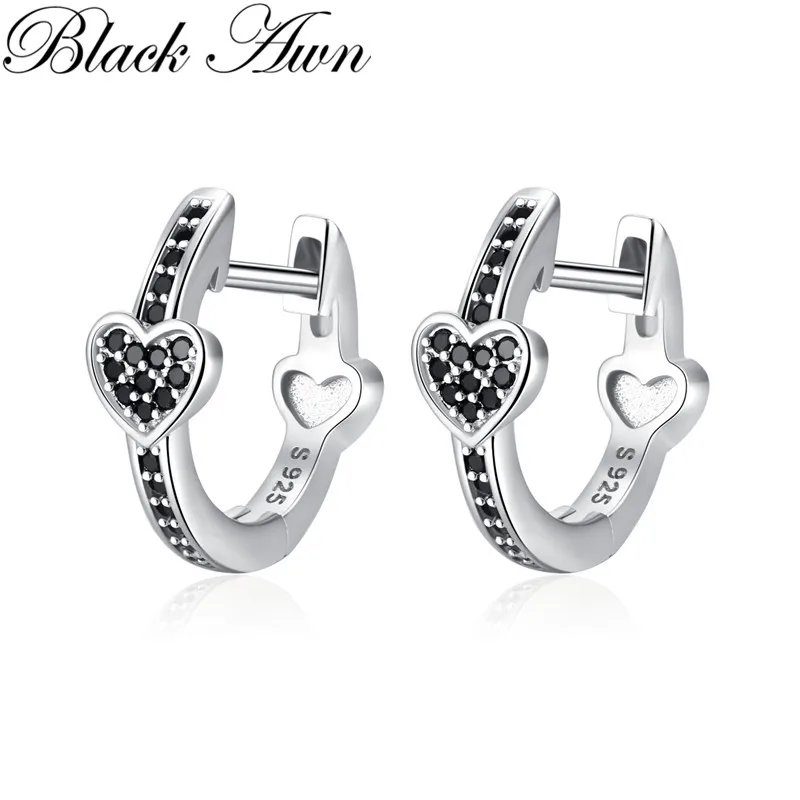 Black Awn Heart Hoop Earrings for Women Classic Silver Color Trendy Spinel Engagement Fashion Jewelry I263