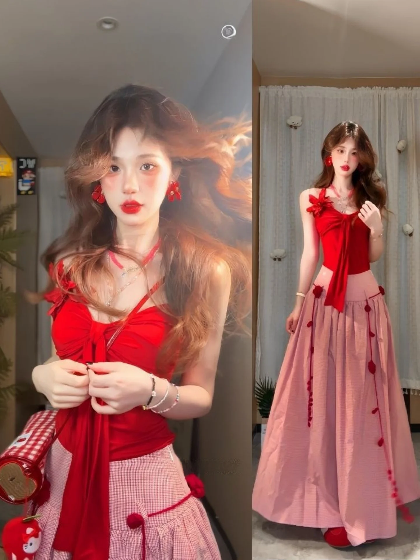 Red  Knot High Waist Women's Set Summer Spicy Girl Umbrella Skirt Two-Piece Suit Chinese Fashion Student Uniform