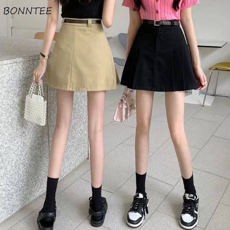 

Skirts Women Folds Students Simple A-line Daily Mini All-match Leisure Solid Summer Elegant Korean Style Retro Basic Y2k Faldas