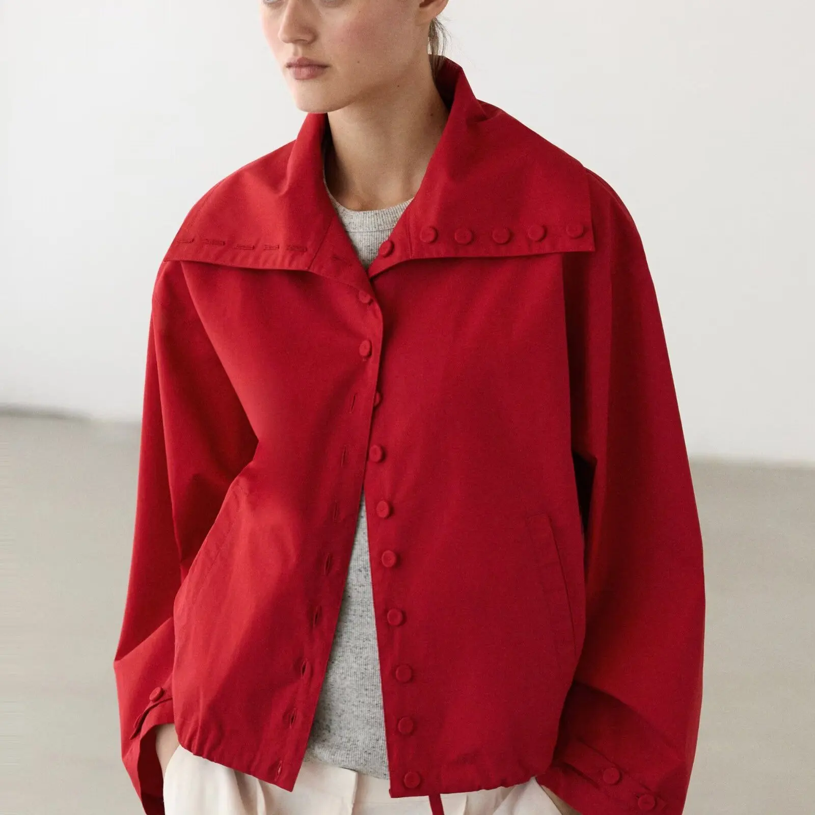Loose Long Sleeve Button up Collar Jacket Women's Casual Style Polyester Fiber Spring Season Fashion Outerwear Coat