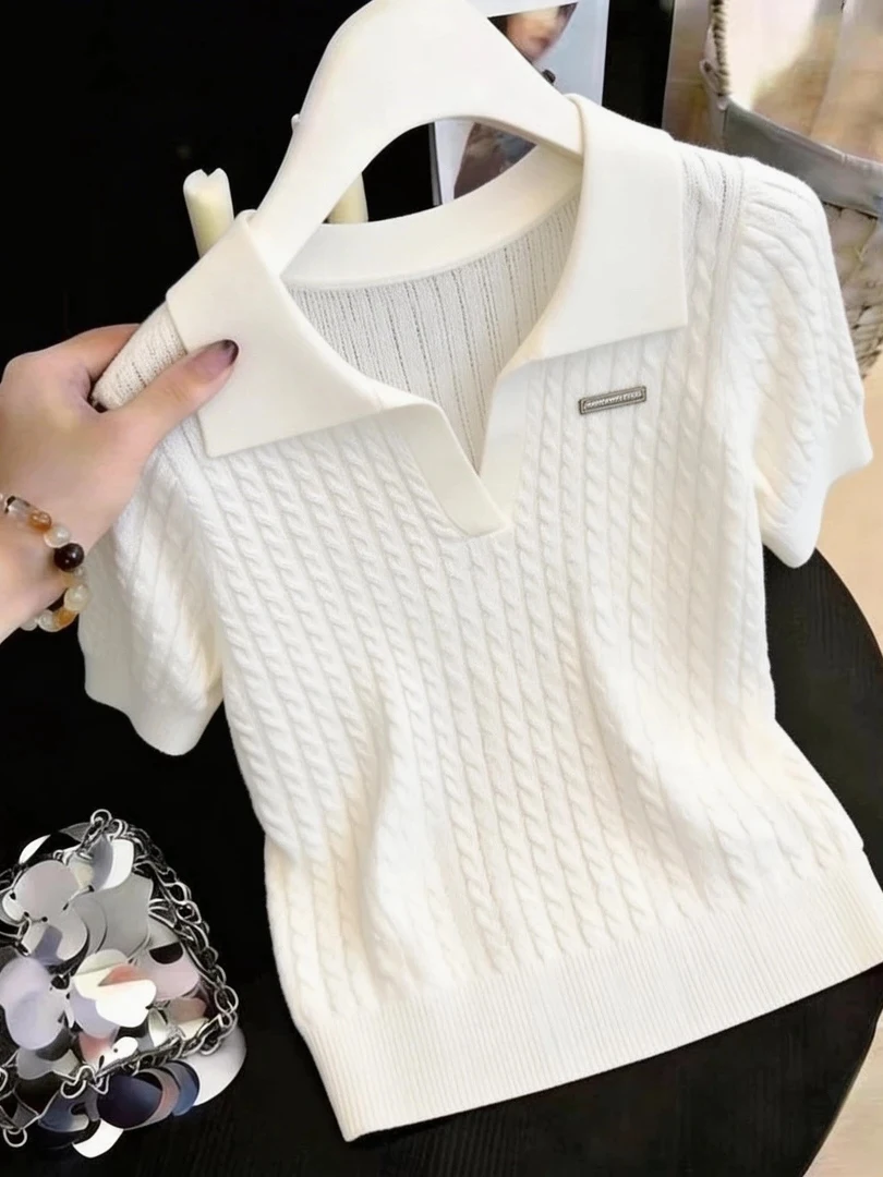 Loose Summer Ice Silk Short Sleeve Knitted T-Shirt Women's Casual Style Thin Versatile Top Large Size Twist Collar Design