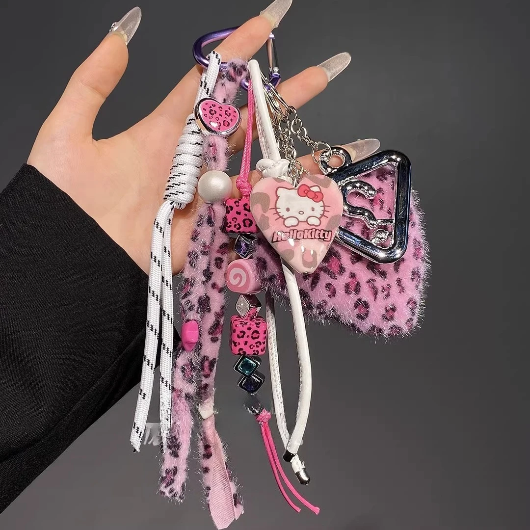 مرحبا كيتي المفاتيح اليدوية حقيبة قلادة ليوبارد القلب أفخم دمية على ظهره سماعة حقيبة اكسسوارات الديكور للنساء الفتيات