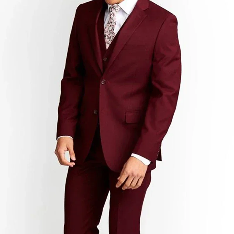 Terno casual inteligente vermelho masculino, blazer slim fit de negócio personalizado, conjunto de 3 peças, jaqueta, colete, calça, alta qualidade, moda