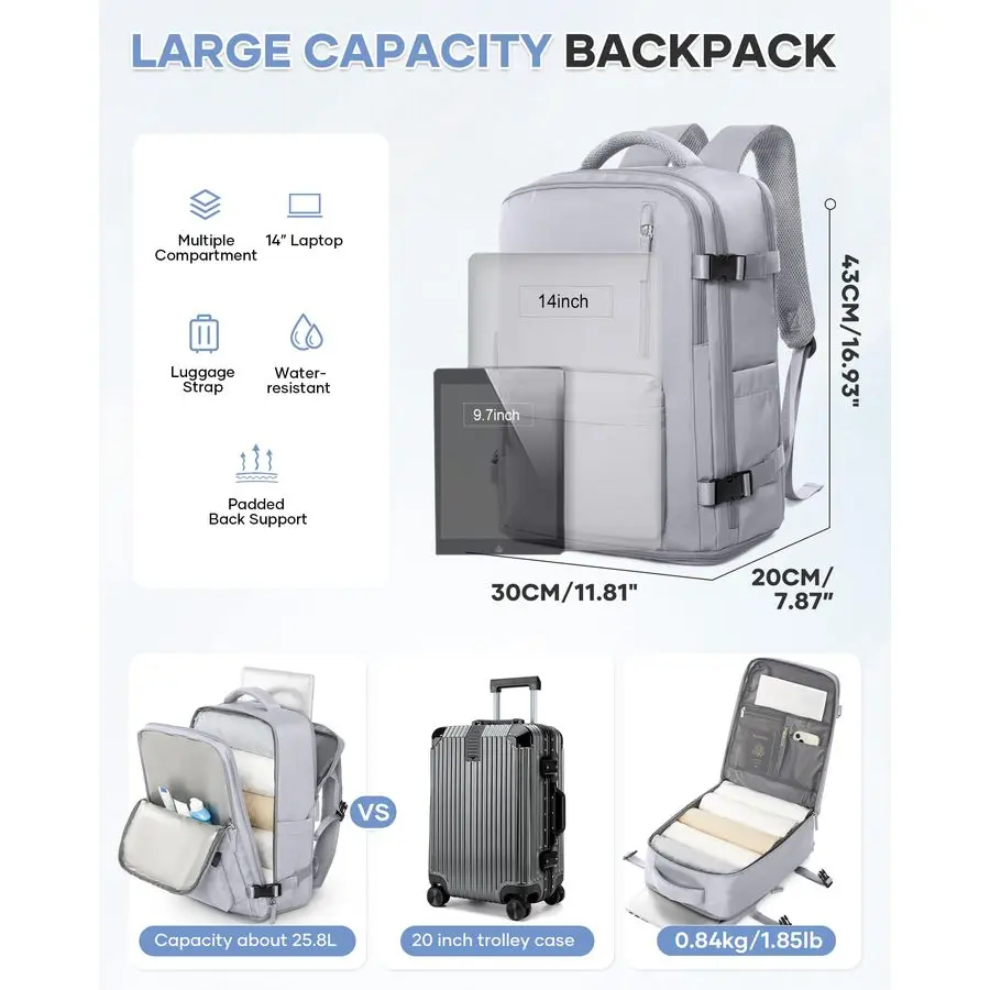 กระเป๋าเป้เดินทาง กระเป๋าถือขึ้นเครื่องบินได้ ใส่แล็ปท็อปได้ เหมาะสำหรับทำงาน ธุรกิจ สำหรับผู้หญิง ผู้ชาย กระเป๋าเดินทาง