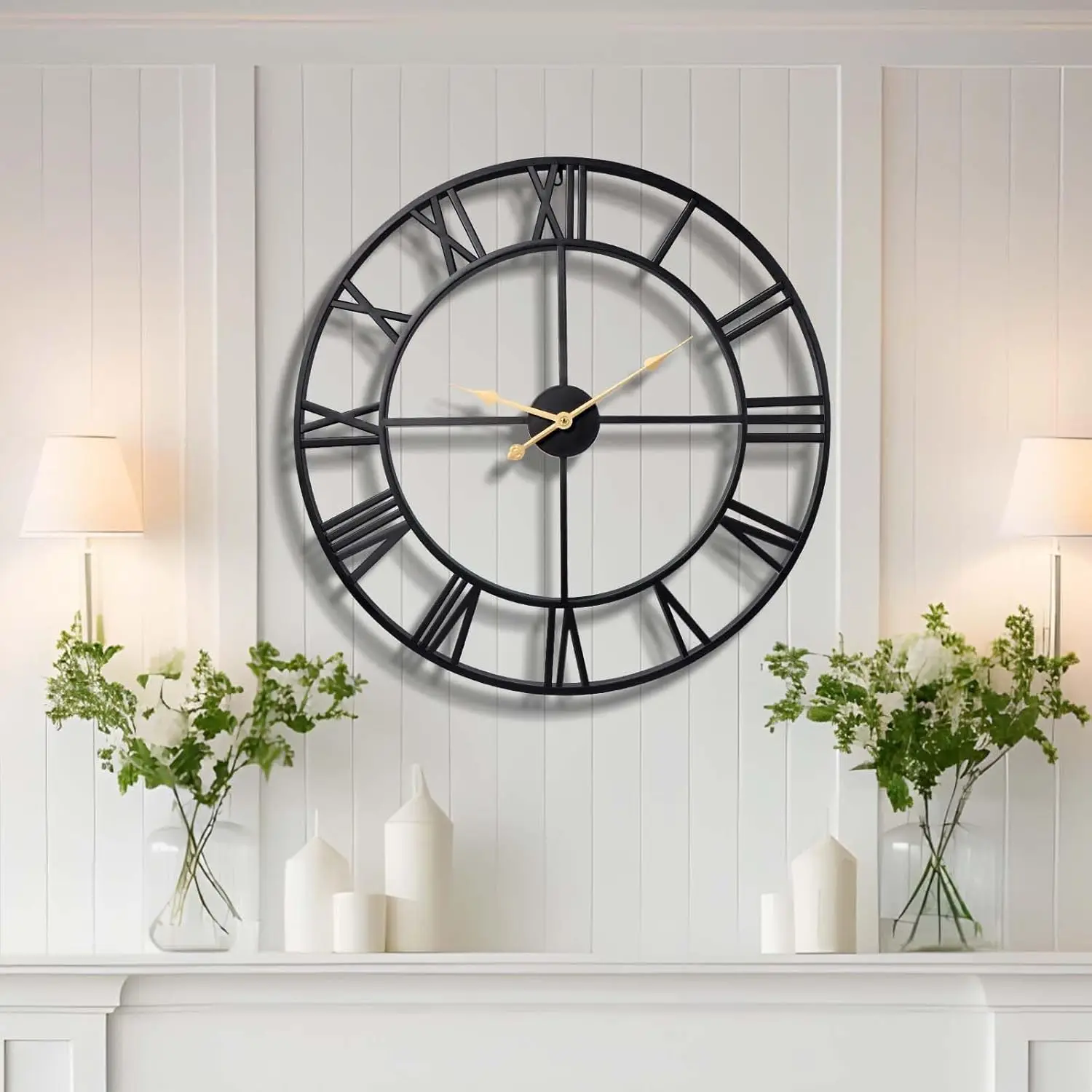 

32 Inch Large Silent Wall Clock with Roman Numerals, Modern Metal Decor for Living Room, Bedroom and Kitchen