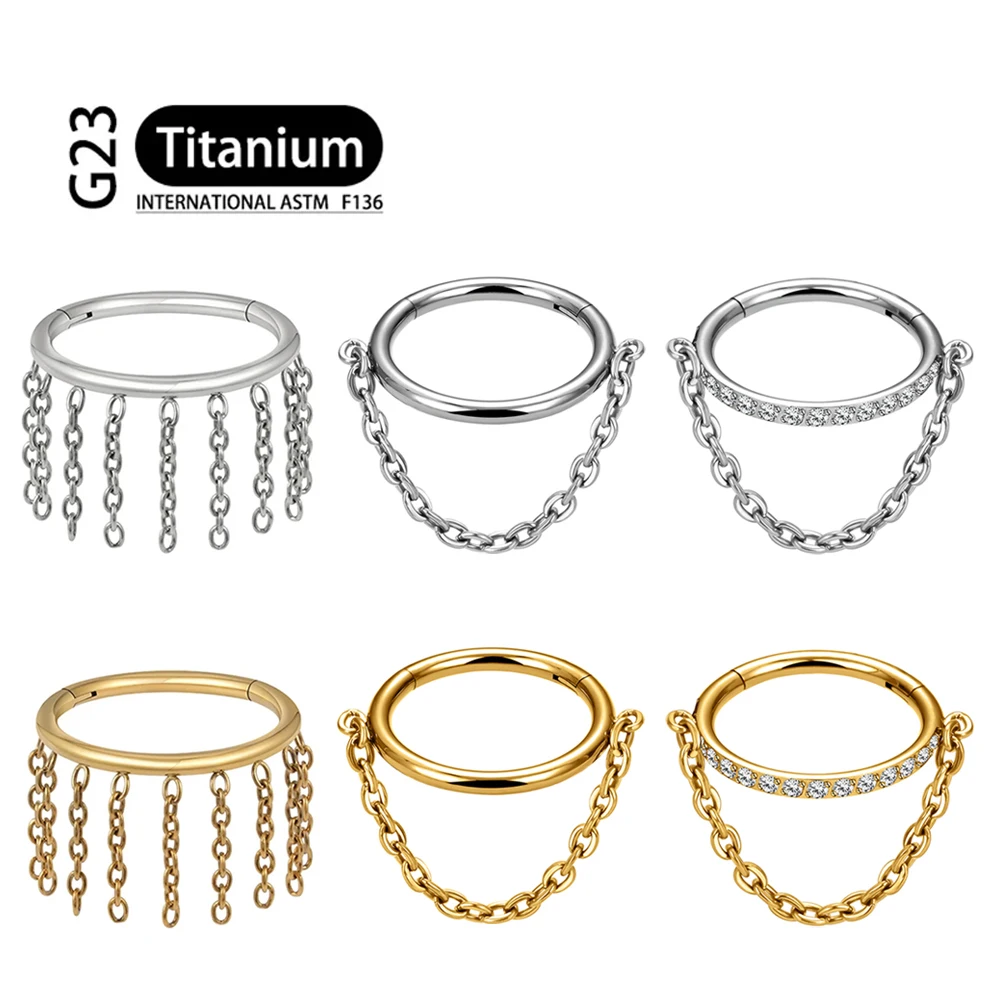 ASTM F136 Titanium Nose Ring CZ Hinged Clicker Segment with Chain Cartilage Earring Hoop 8-12mm Earring Helix Conch Piercing