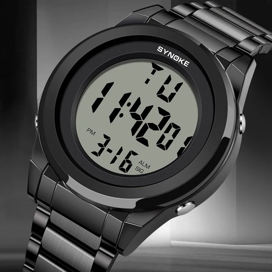 SYNOKE New Models Top Luxury Stainless Steel Strap Sport Watches Mens Waterproof Back Light Digital Wristwatch Male Alarm