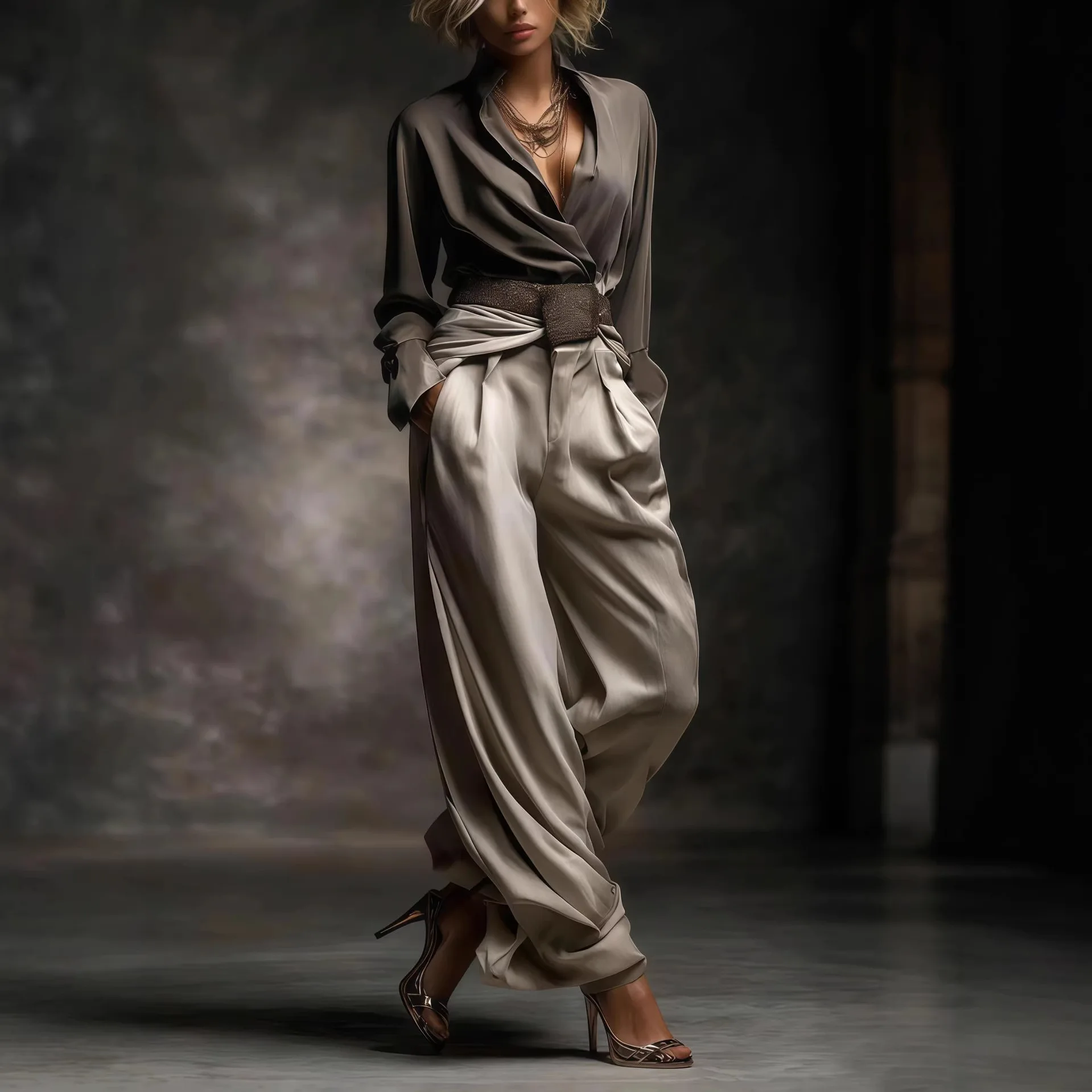 V Neck Sleeveless Waist Cinching Wide Leg Pants Jumpsuit Matching Set Overall Playsuit Two Piece Outfit Spring Summer