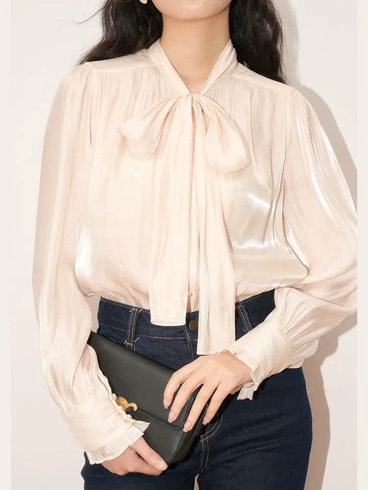 

Spring Women's Clothing Elegant Scarf Neck Puff Sleeve Blouse For Woman Loose Fit Polyester Casual Office Wear Long Sleeve Top