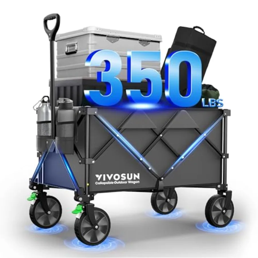 

Складная тележка-вагончик с грузоподъемностью 350 фунтов, универсальная уличная тележка с бесшумными универсальными колесами, держателями для стаканов, боковыми карманами, регулируемая
