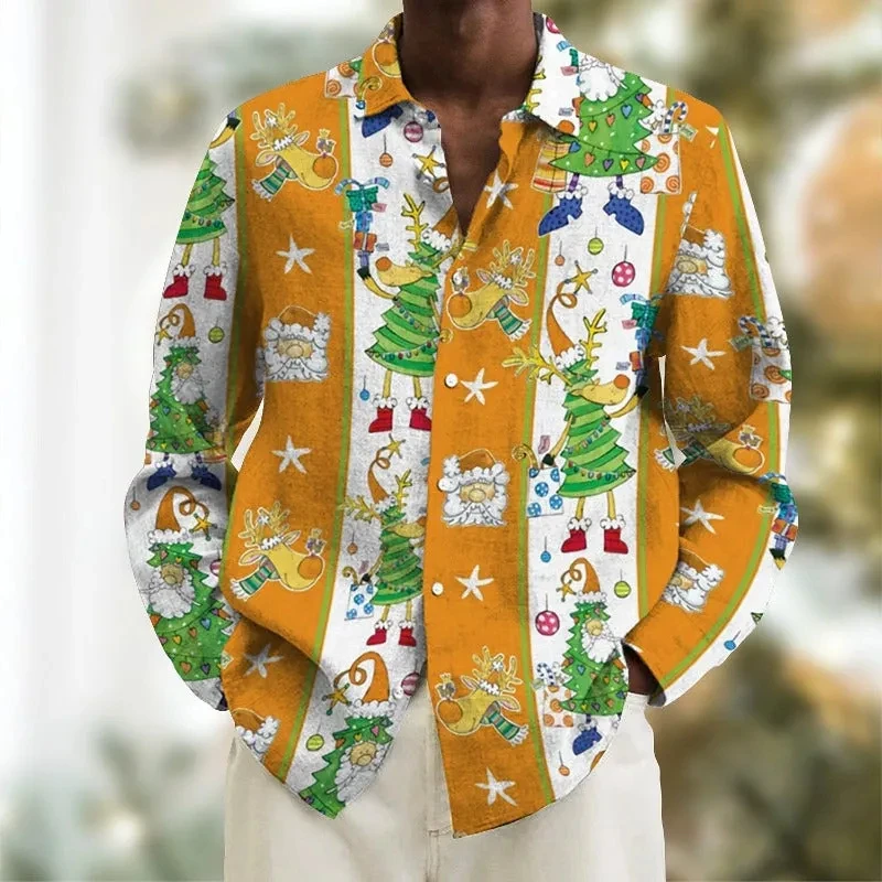 Men's Christmas themed printed shirt casual everyday jacket autumn and winter long sleeve fun Christmas tree cartoon shirt