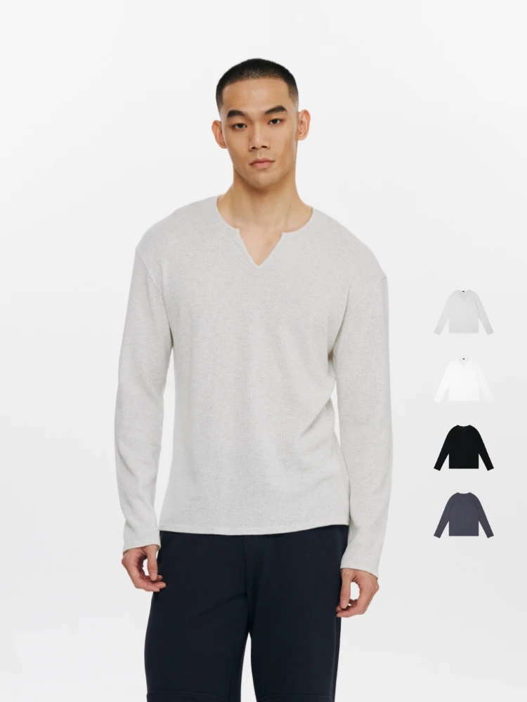 

Oneup Casual V-Neck Long Sleeve T-Shirt Unisex Loose Basic Commute Top White Cotton Polyester Blend Spring Autumn Wear