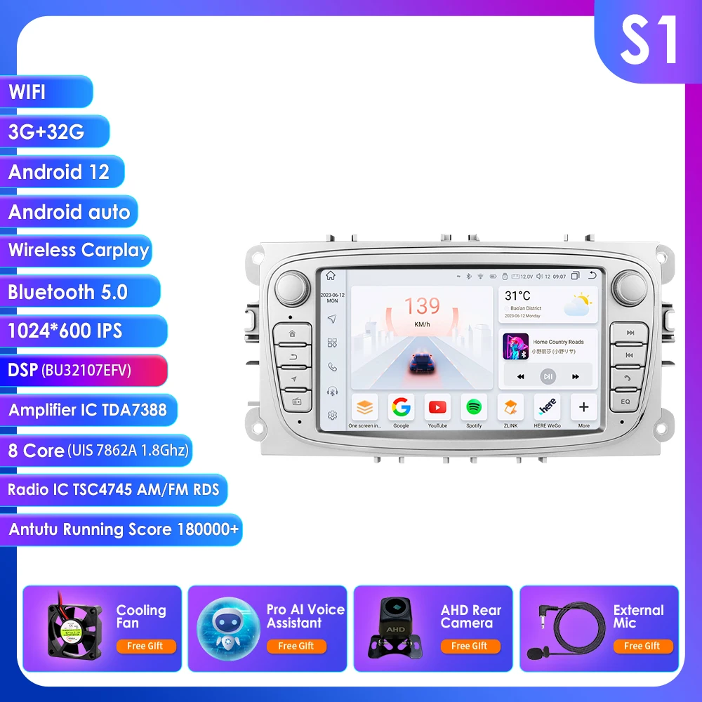 Autoradio voor Ford Focus S-Max C-Max Mondeo Galaxy Kuga Transit Connect GPS RDS Stereo 2Din 7" Intelligente Systemen Carplay 4G