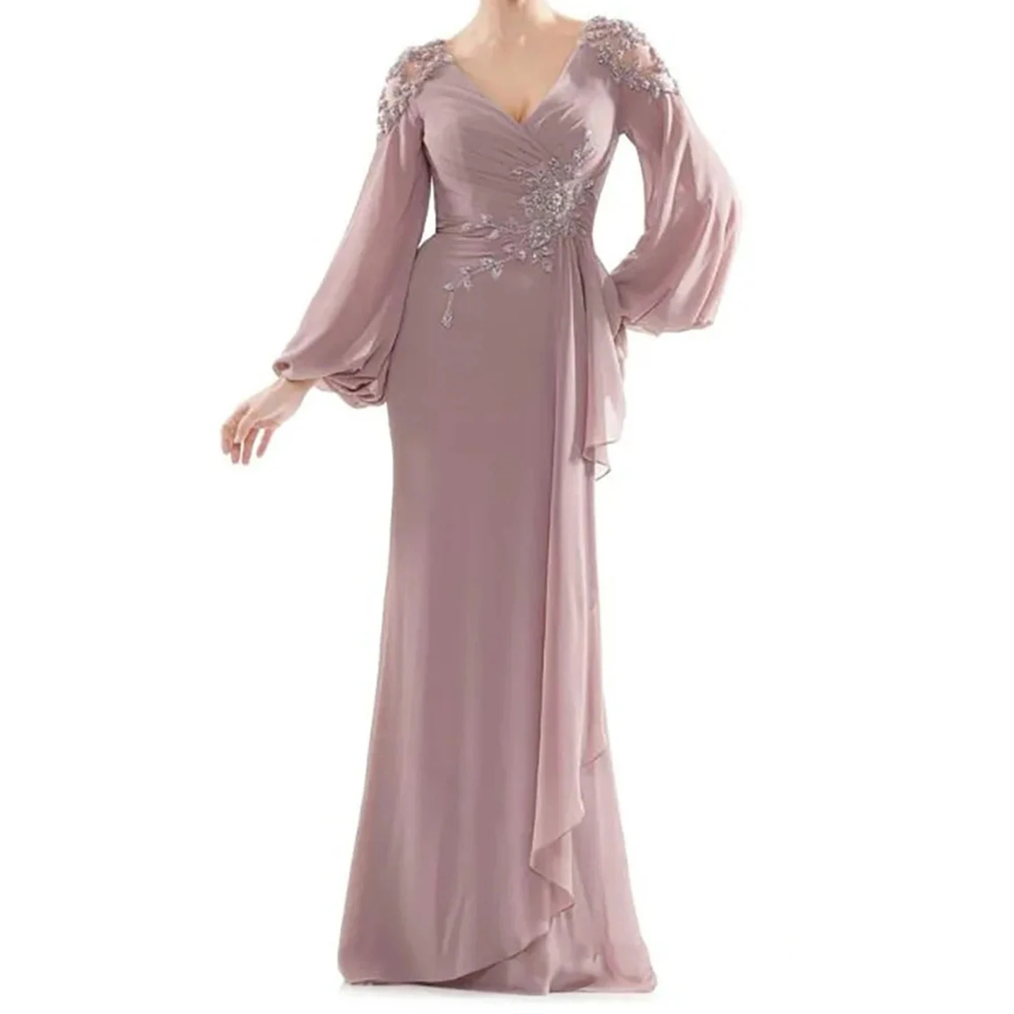 

Elegant Mother of the Bride Dress Long Balloon Sleeved V-Neck Evening Dress for Wedding Party Dress Chiffon Formal Gown