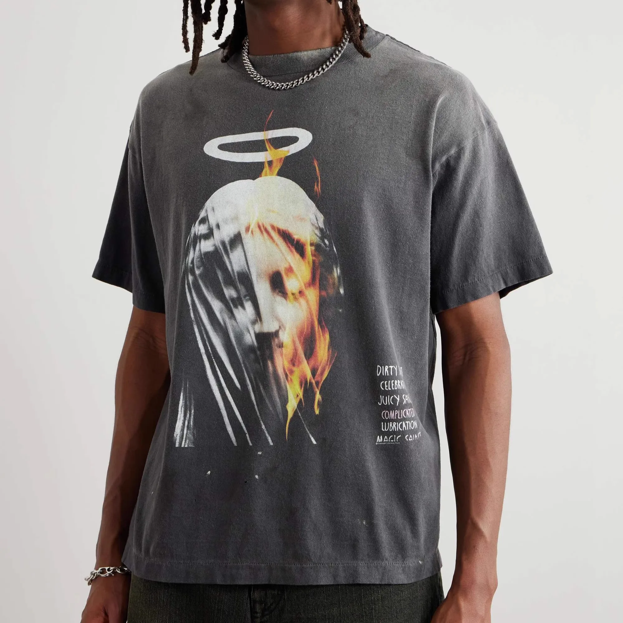 Saint Mxxxxxx Angel Portrait Print round Ne ort Sve Vintage Waed Devil Daddy T-irt Loose Fit Pure Cotton Youth Trend