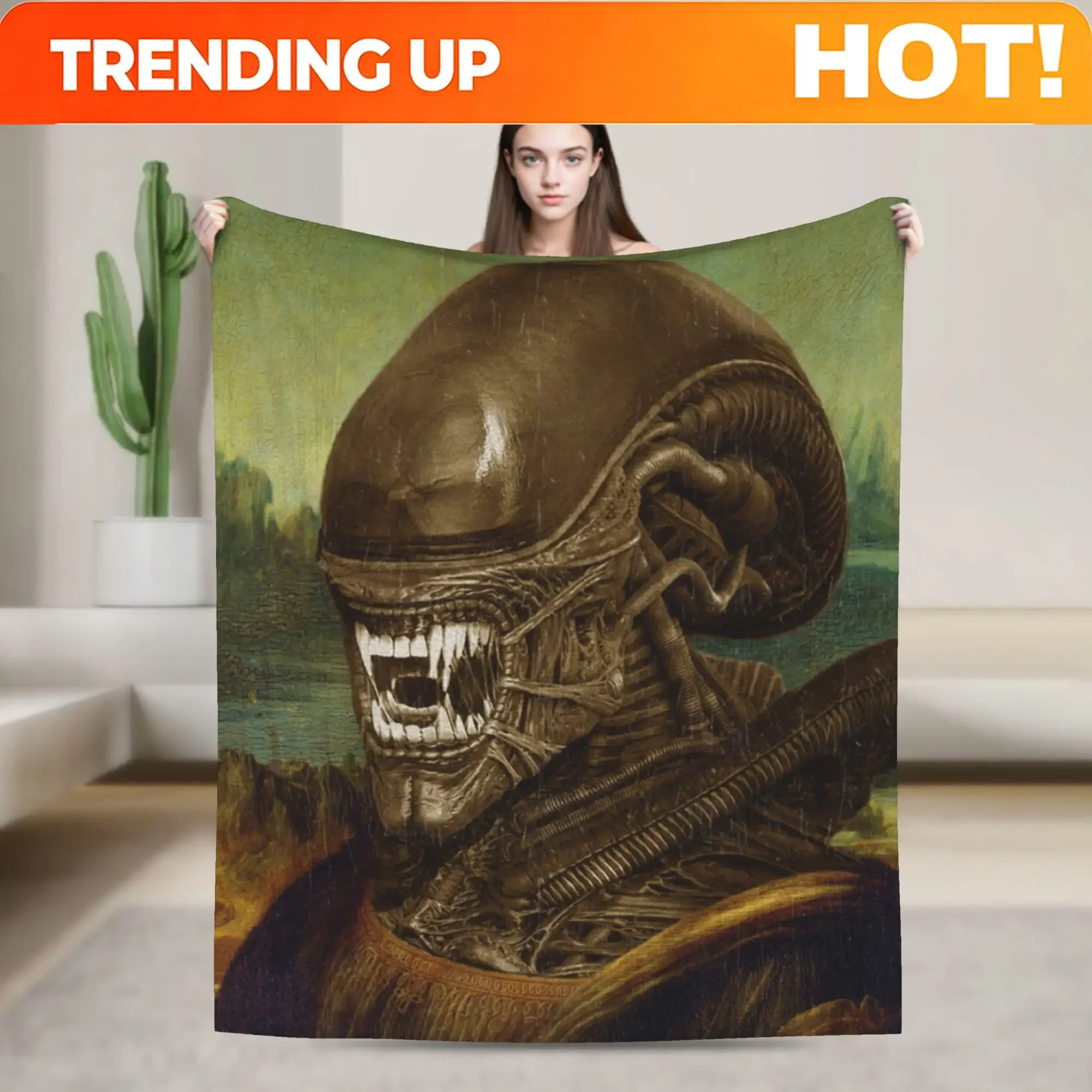 Custom Mona Lisa Alien Xenomorph Blankets Velvet Spring/Autumn Portable Warm Throw Blanket For Sofa Office Bedspread