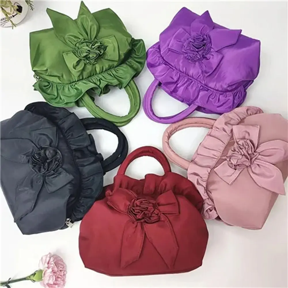 

Cute Flowers Women Bowknot Bag Soft Zipper Gothic Handheld Purse Solid Color Floral Decor Mini Mother Bag Female