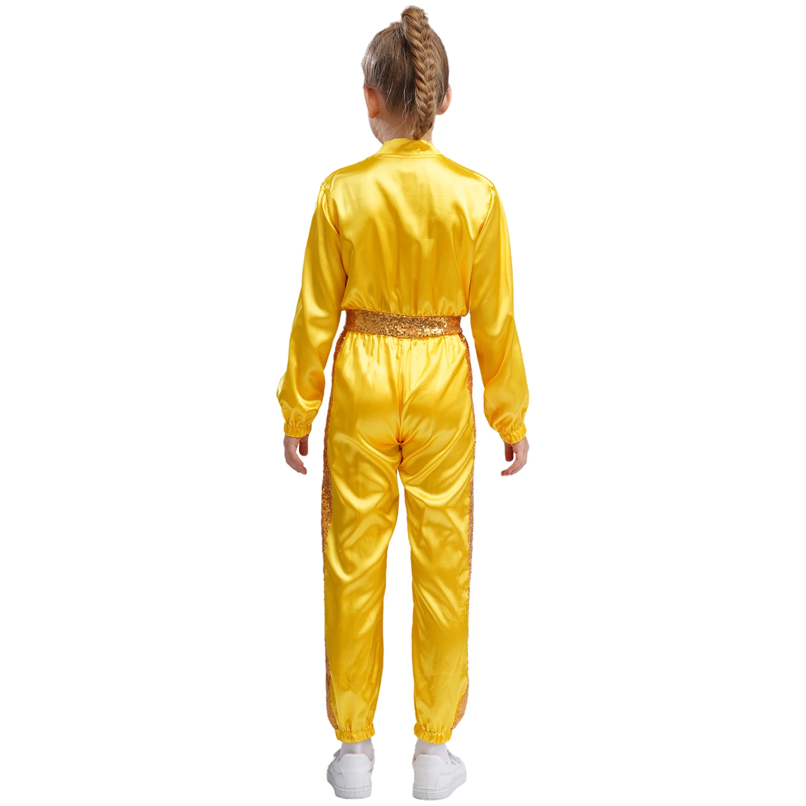 Kids Girls Shiny Sequins Satin Jumpsuit School Party Jazz Hip Hop Street Dance Performance Costumes Long Sleeve Zipper Bodysuit